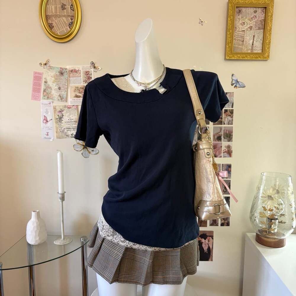 Rafaella Y2K Navy Blue Short Sleeve Top Womens S Gold Metal Hardware Cutout Neck